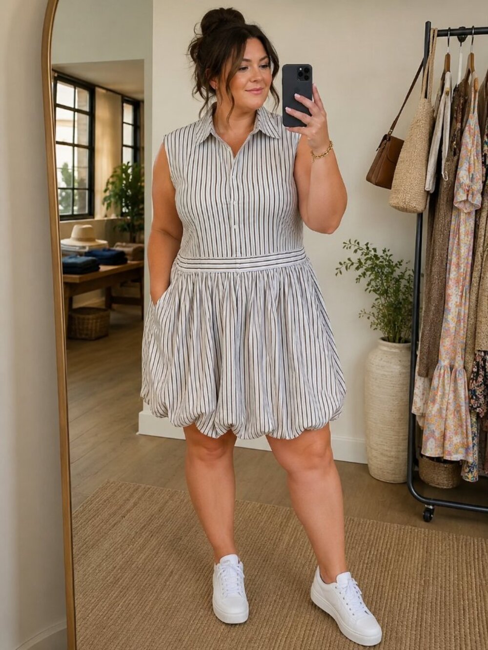 Maeve Anthropologie XL Striped Shirt Dress Brown White Collared Sleeveless Midi